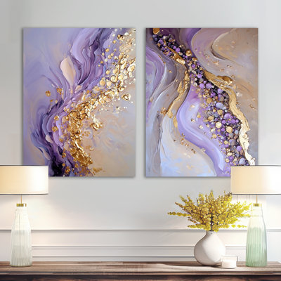 Or et pierres géodes mauves rivière I - Paysages traditionnels, décoration murale 2 pièces