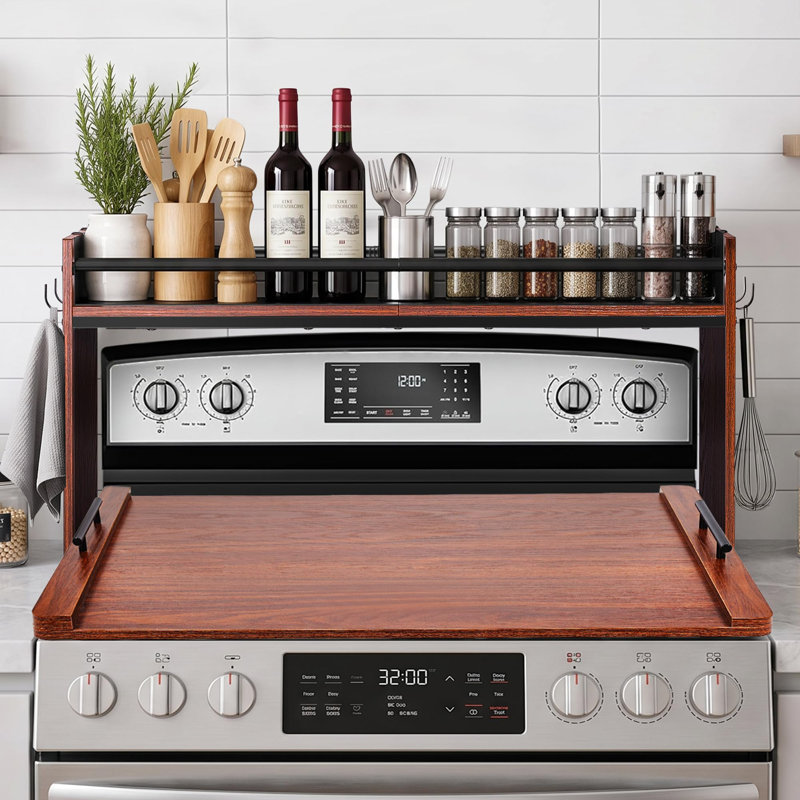 Spice Rack Shelf for Kitchen Stove, Over The Stove Shelf with 4 Hooks,(Walnut), Walnut
