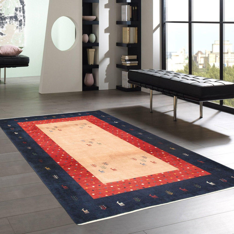 Tapis oriental beige / bleu marine en coton et laine noué à la main 4 pi 4 po x 7 pi Oriental