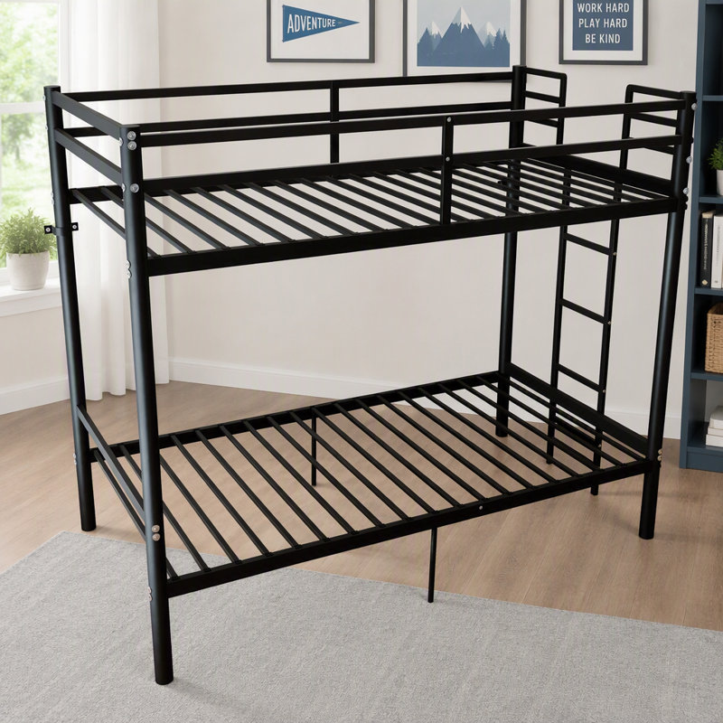 Lit superposé avec échelle et garde-corps haut, capable de se diviser, lit superposé en métal, espace de rangement, silencieux, taille simple sur simple, noir