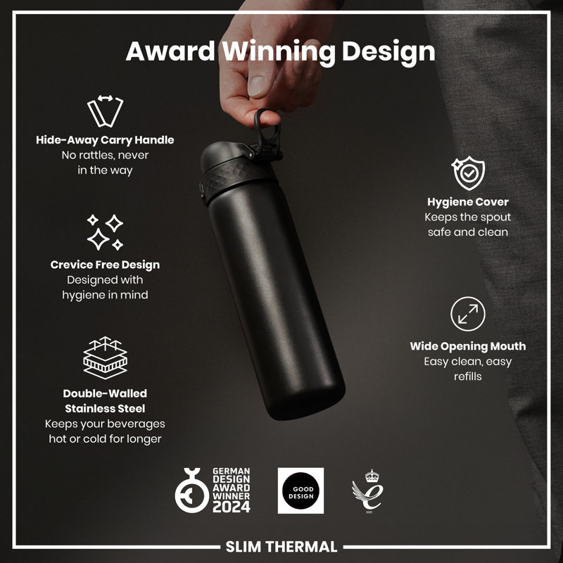 ION8 Leak Proof Slim Water Bottle, Vacuum Insulated, Blue, 500ml (17oz), Black