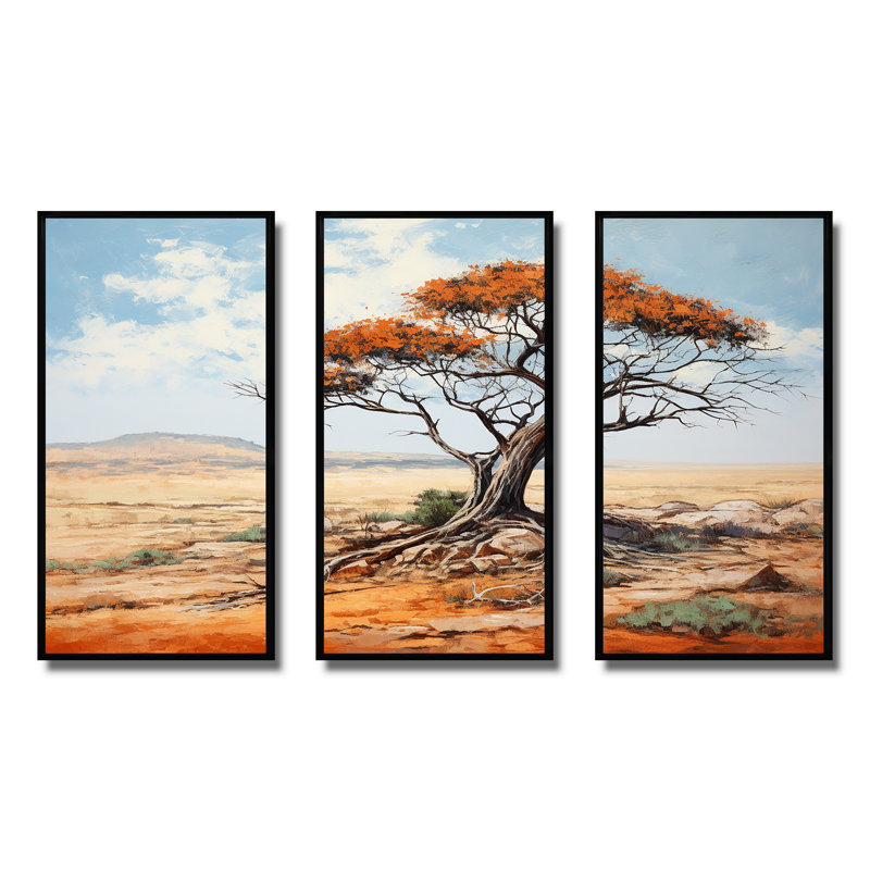 «African Desert Tree Survivor» - Art mural africain, Cadre flottant noir, H 32 po x l 48 po x P 1 po