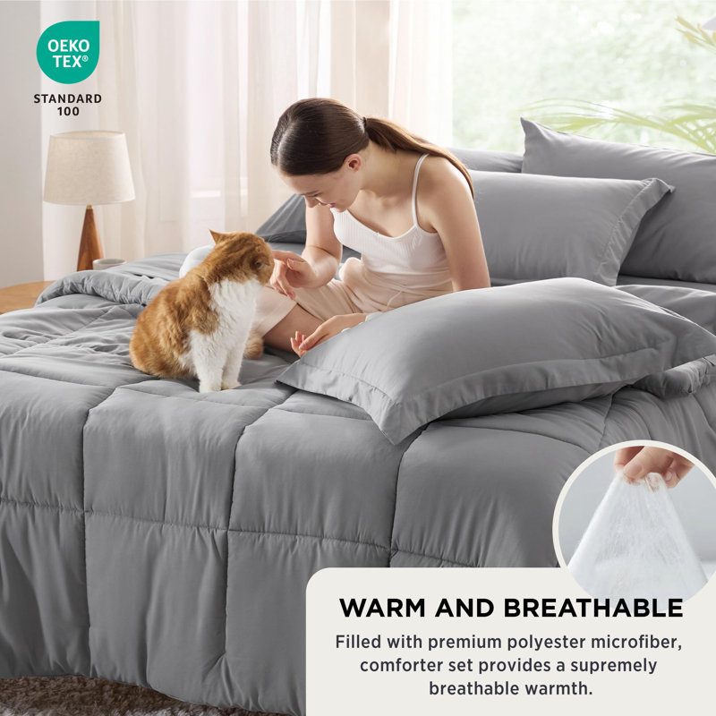 Bedsure Quilted Design Comforter Set, Gray, King Comforter + 6 Additional Pieces
