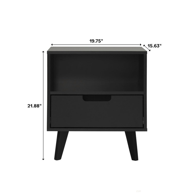 Table de chevet moderne à 1 tiroir avec casier ouvert, Noir