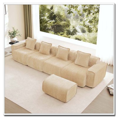 Canapé modulaire modulaire en L à 4 places avec passepoil à bordure française, aucun assemblage requis, canapé à 4 places avec coussins décoratifs et 1 repose-pieds mobile
