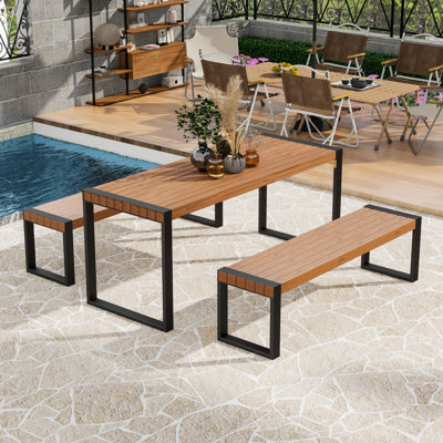 Table de salle à manger 3 pièces en bois d'acacia avec 2 bancs, ensemble de salle à manger de patio avec cadre en acier pour l'extérieur et l'intérieur