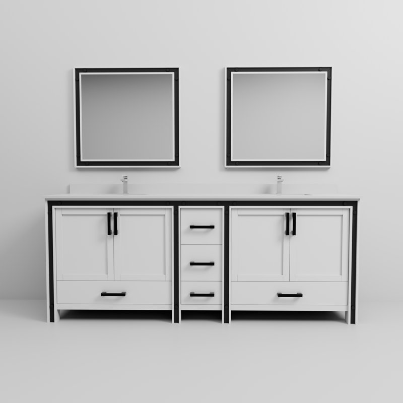 Ensemble de meuble-lavabo double l 84 po x P 22 po Ziva, plateau blanc et robinet chromé Ziva, Blanc, Quartz blanc