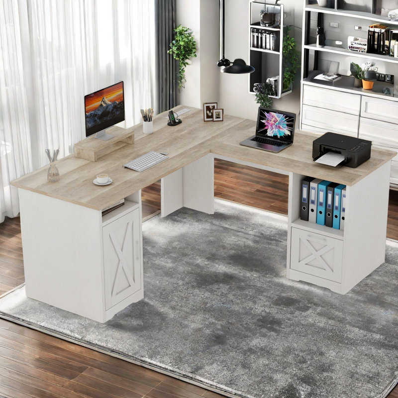 L-Shaped Executive Desk With Power Outlet, Brown/White