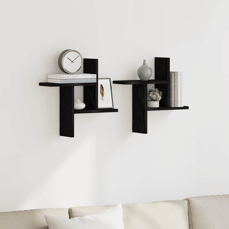 Wall Shelves 2 Pcs Black Oak Engineered Wood, 38cm H x 38cm W x 12cm D