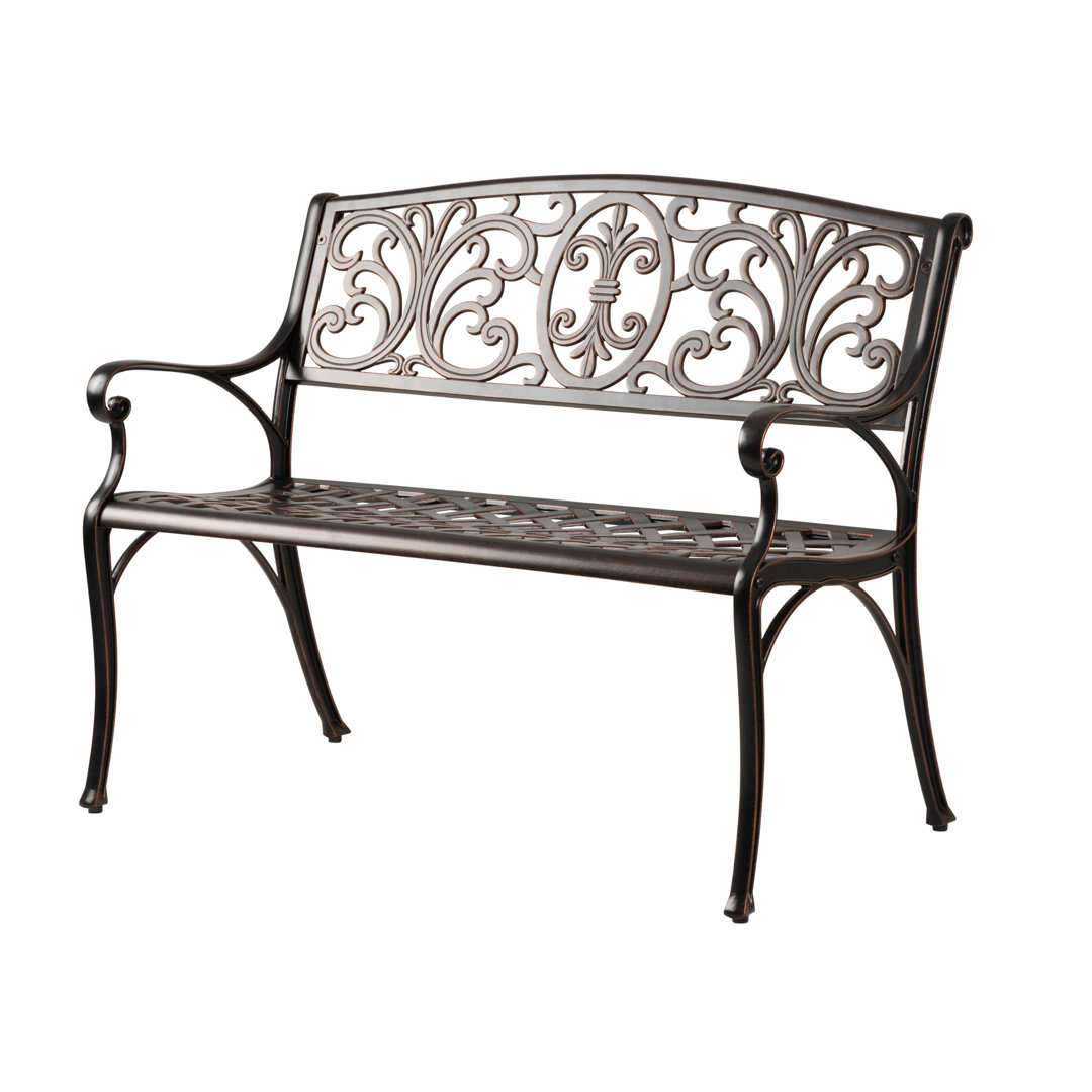 Cecillia Patio Sense Decatur Cast Aluminum Patio Bench, Rust Free ,Metal Construction - Antique Bronze Finish Fleur De Lis Living