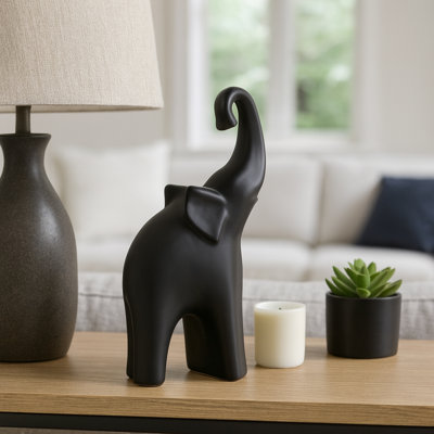 Decorative Ceramic Elephant Figurine with Glam Style for Home Decor - Modern Animal Sculpture Object for Office, or Decorations for Living Room - Black