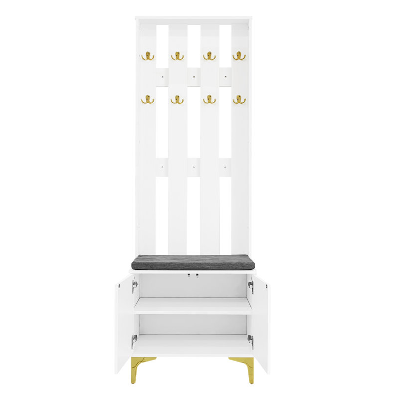 Modern Ribbed Hall Tree With Shoe Storage, Hallway Unit With Padded Bench, Hall Stand With 8 Gold Hooks, White