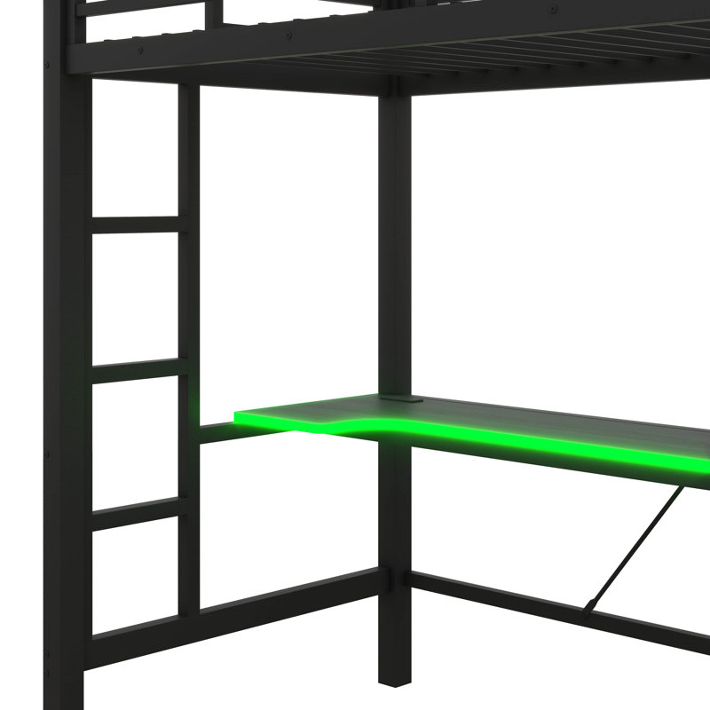 Lit mezzanine surélevé avec bureau intégré, éclairage à DEL et charge électrique, Lit simple, Noir, noir, noir, noir