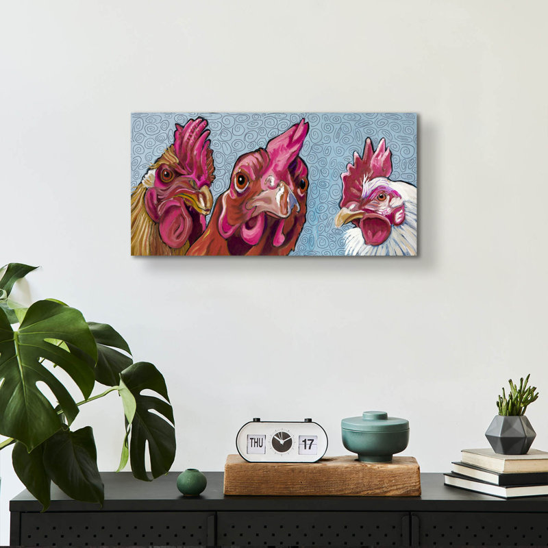 Art mural en verre Gracie Oaks «Three Chicks» par Kathryn Wronski, H 12 po x l 24 po