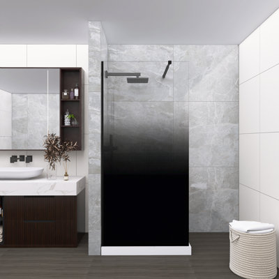 Porte de douche fixe l 34 po x H 72 po, verre trempé dégradé noir de 1/4 po avec barre de support en acier inoxydable pour salle de bain de plain-pied, noir