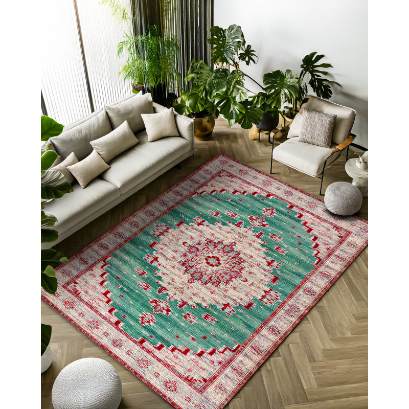 Tapis oriental en coton et polyester vert Otto, Rond 3 pi 4 po