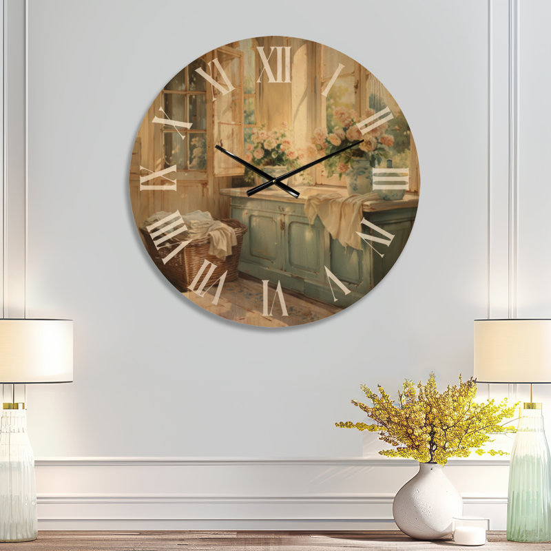 Laundry Room French Vintage I - Horloge murale moderne surdimensionnée, imprimée sur bois, Medium