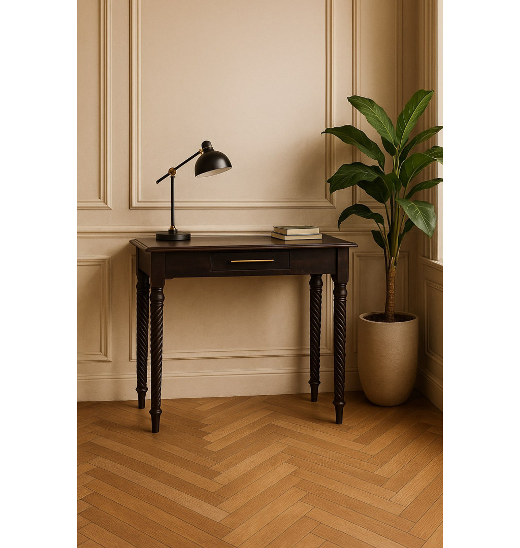 Solid Wood Turned Rope Twist Writing Desk, 1 Drawer, Dark Brown Amber Oak Home Office Desk