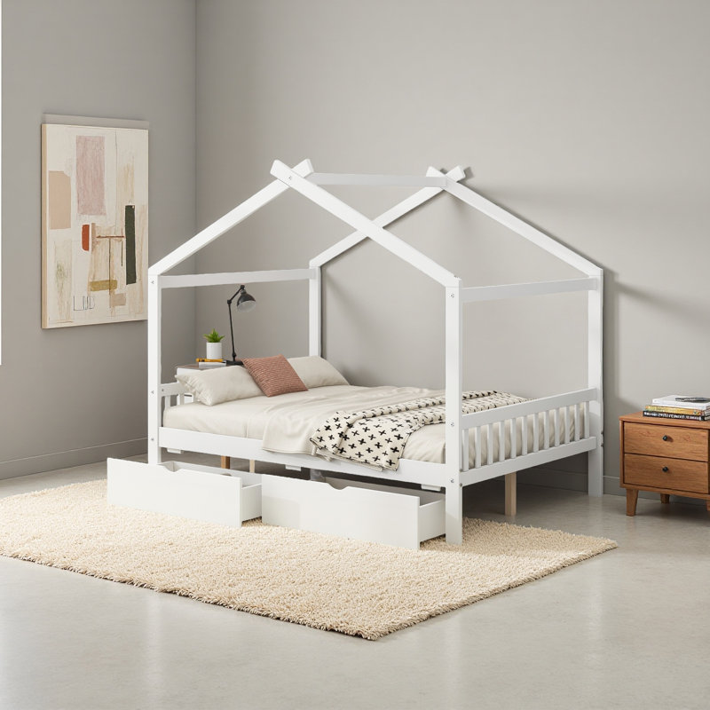 Lit plateforme House avec deux tiroirs, tête et pied de lit, toit, Blanc