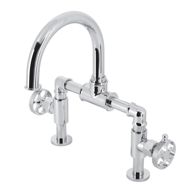 Kingston Brass Webb Two-Handle 2-Hole Deck Mount Bridge Bathroom Faucet with Knurled Handle and Push Pop-Up Drain