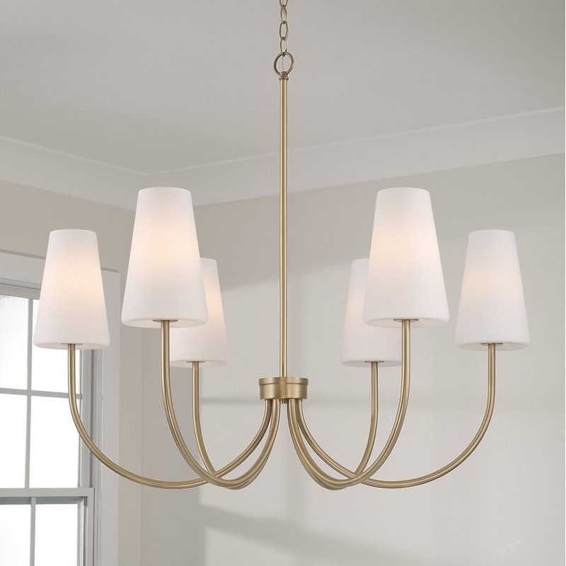 Aged Brass 6-Light Chandelier with Soft White Glass Shades