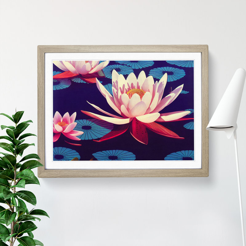 Unreal Water Lily Flowers - Framed Print, 46cm H x 64cm W x 2cm D, Oak