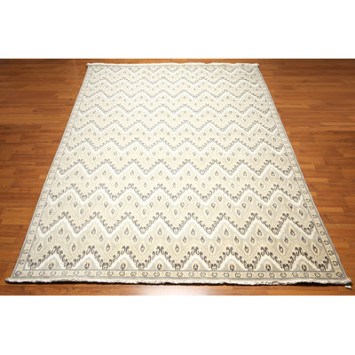 Tapis beige en laine noué à la main de conception unique 9 pi x 12 pi