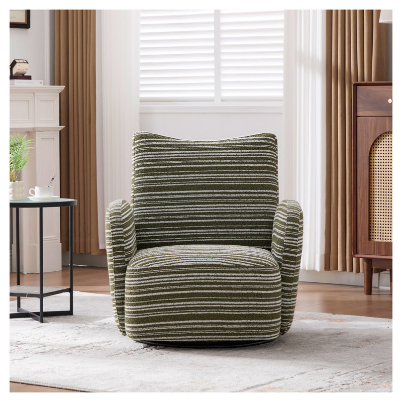 Fauteuil d'appoint pivotant vert olive Olive | Fauteuil demi-tonneau moderne en tissu rayé pour le salon et la chambre à coucher