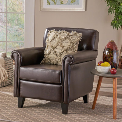  Faux Leather Accent Chair with Rolled Arms and Tapered Legs, Upholstered Armchair for Living Room or Study, Brown