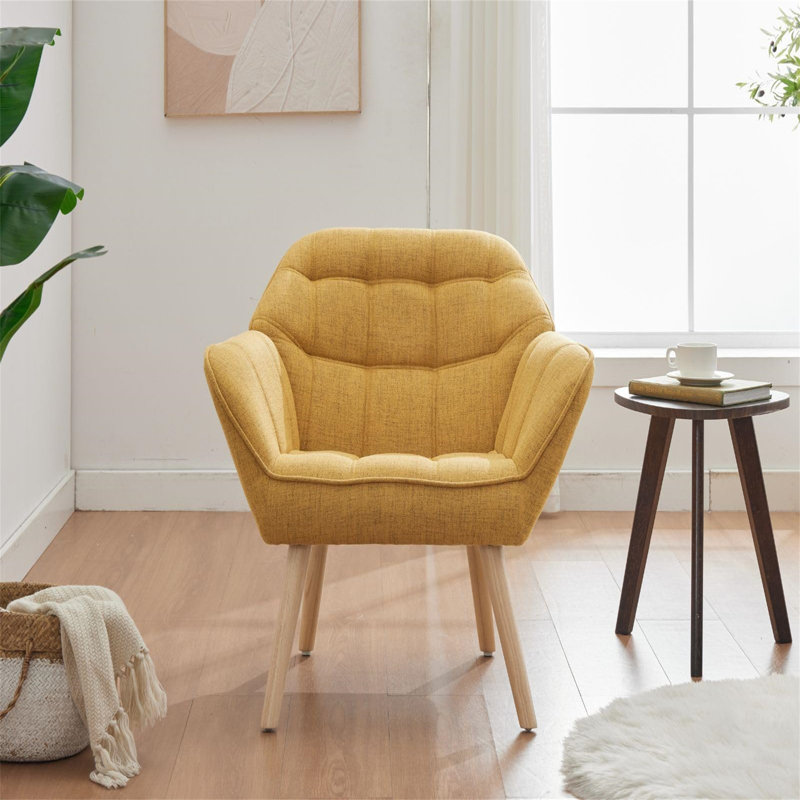 Linen Armchair Upholstered Accent Tub Chair With Wood Legs, Leisure Single Sofa Chair For Living Room/Bedroom, Yellow