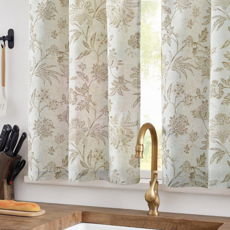 Rideaux en lin à motif floral avec passe-tringle, L 26 po x L 24 po, Tanné