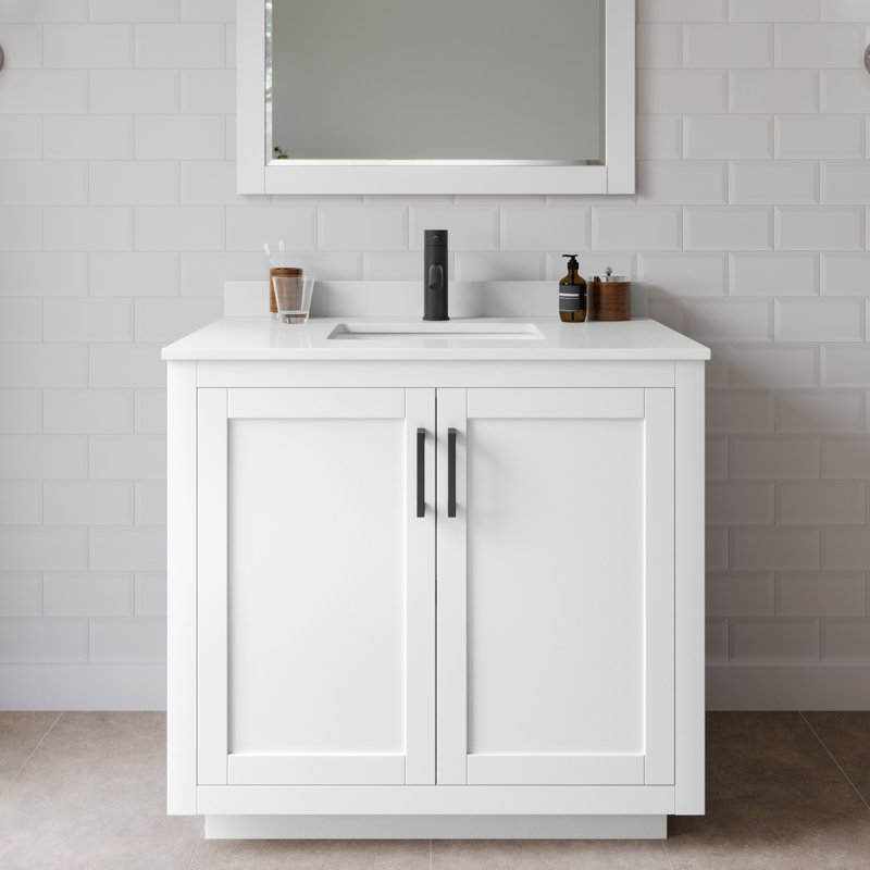 Ensemble de meuble-lavabo simple 36 po avec plateau en quartz Miranda, Quartz blanc, Blanc, Noir mat