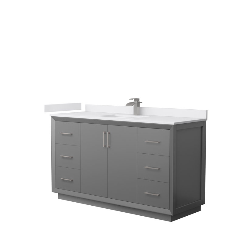 Ensemble de meuble-lavabo simple 60 po Strada, Gris foncé, Nickel brossé, Marbre de culture blanc