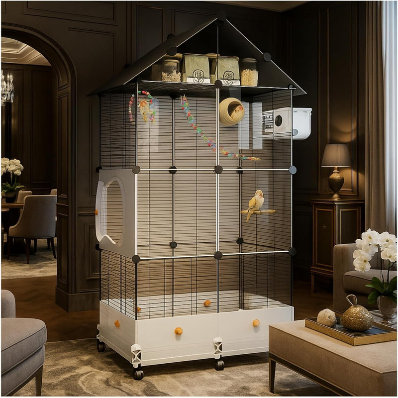 Cage à vol d'oiseau de 60 po de large, équipée d'un nid d'oiseau, d'une échelle, d'une balançoire, d'une mangeoire, etc. avec des roulettes pour faciliter le déplacement à l'extérieur