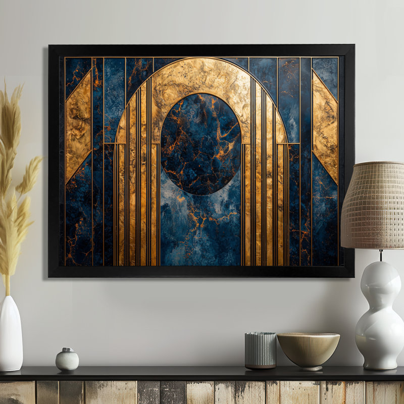 Formes géométriques noyer doré - Abstrait Art déco sur toile, H 24 po x l 32 po, Cadre flottant, Noir