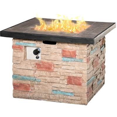 32" Propane Gas Fire Pit Table , 50,000 Auto-ignition, Faux Ledge Stone Fascination, Lava Rocks, Rain Cover, , Calm Brown 32 Inch Outdoor Table, Square Design, Deep