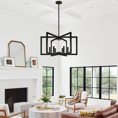 Lustre moderne noir géométrique avec 6 lumières pour la salle à manger, l'îlot de cuisine, le vestibule - hauteur réglable, finition noire mate, installation facile, aucun assemblage requis