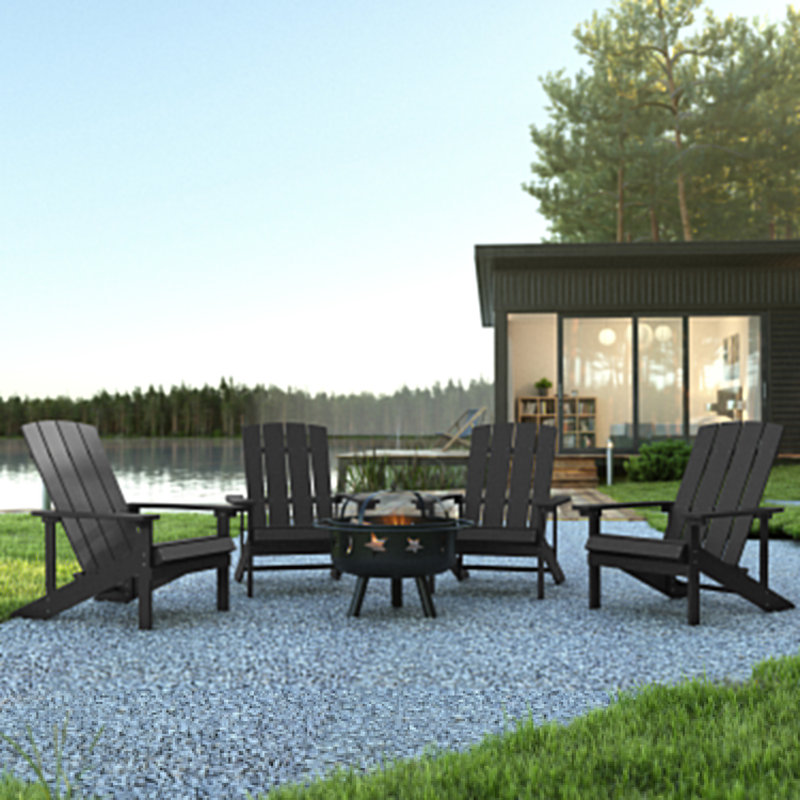 Foyer étoile et lune avec housse en filet et 4 chaises Adirondack en résine de polyester, Gris ardoise