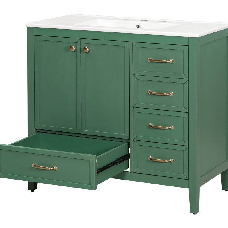 Meuble-lavabo de 36 po avec lavabo, structure et pieds en pin massif, 4 tiroirs, espace sous l'évier, rangement multiple, pour installation de plomberie, tous les composants dans un seul pied en bois,