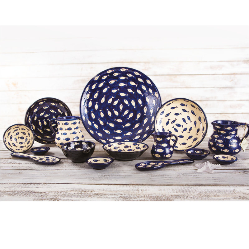 Marka Handmade Ceramic Table Vase, Cream/Blue, 19cm H x 19cm W x 15cm D