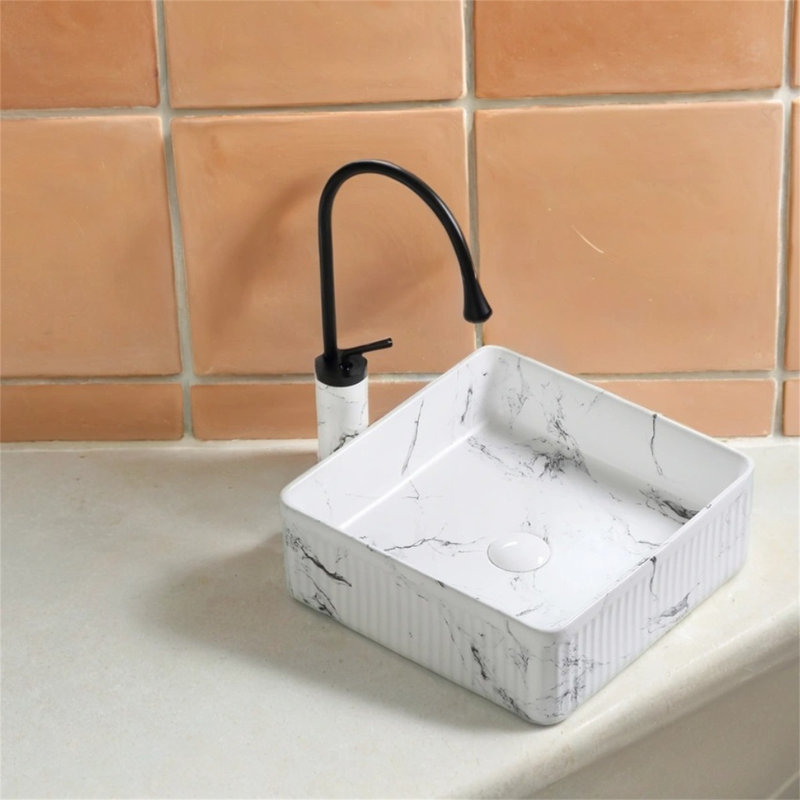 【Évier vasque carré en marbre blanc et noir de 15 po x 15 po】 - Comptoir en céramique avec drain pour les petits meubles-lavabos
