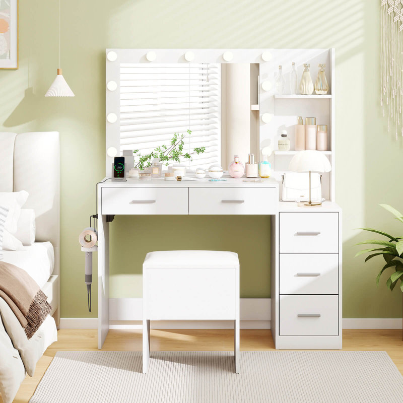 Ensemble de coiffeuse 43,5 "avec tabouret de rangement et prises de courant 2 tablettes ouvertes