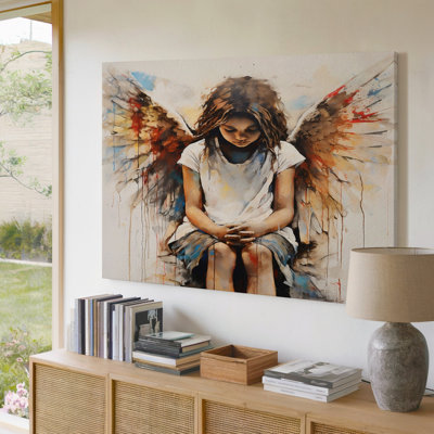 «Angel Girl» assise avec des ailes brun et blanc sur fond blanc, reproduction d'art sur toile pour le salon, la chambre à coucher, le bureau, le couloir, le vestibule, le mur de la galerie et la décoration intérieure moderne