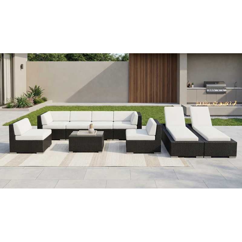 Barna 9 Piece Rattan Sectional Seating Group with Cushions - No Assembly, Natural Sunbrella® Canvas, Black