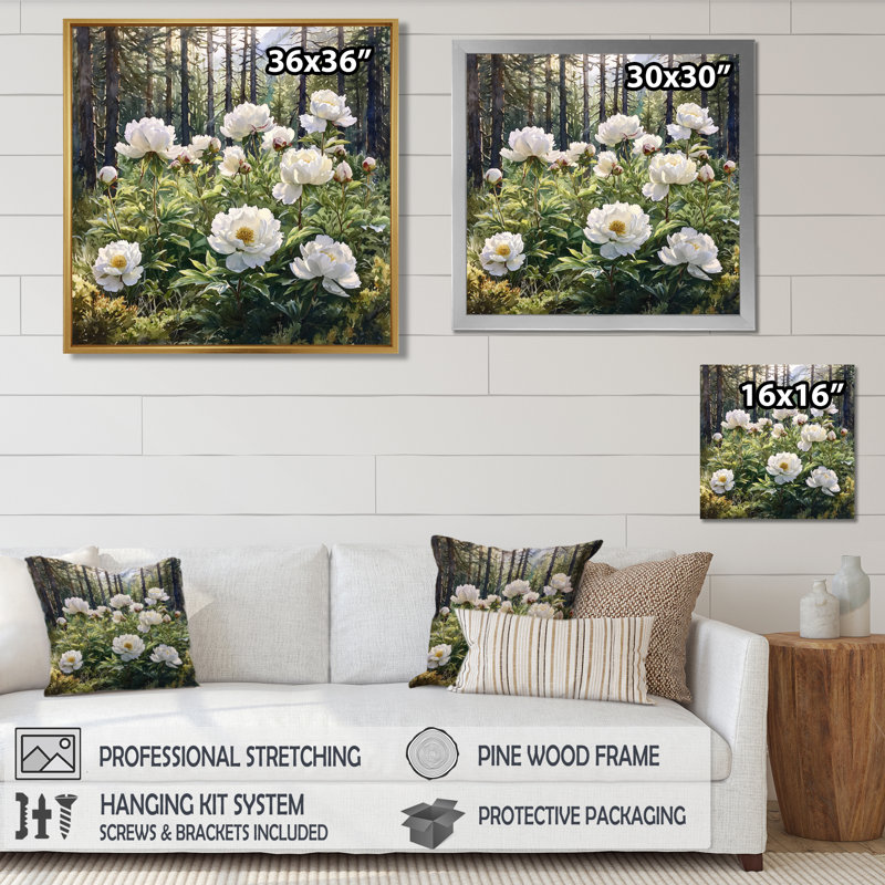 Glenesha, pivoines dans la forêt alpine III - pivoines, art mural, Reproduction encadrée d'une seule photo, Argent argent