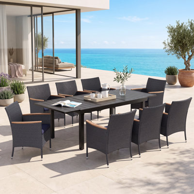 Leonard 8 - Person Patio Dining Set with Extendable Rectangular Table , Cushions Included
