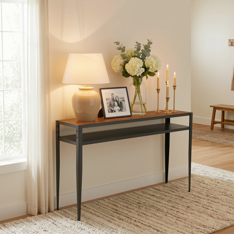 Console Siyah avec plateau en bois de manguier et base en métal - finition noyer noir mat, table d'appoint fabriquée à la main