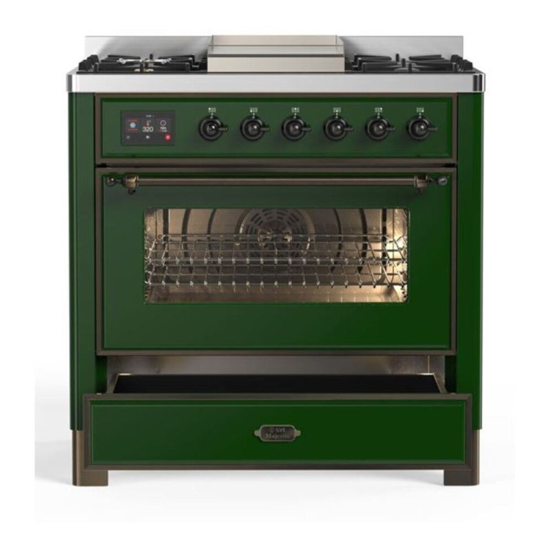 ILVE Majestic II Series 36 inch Dual Fuel Range with 6 Sealed Burners (Glass Door), Natural Gas, Blue Gray/Bronze