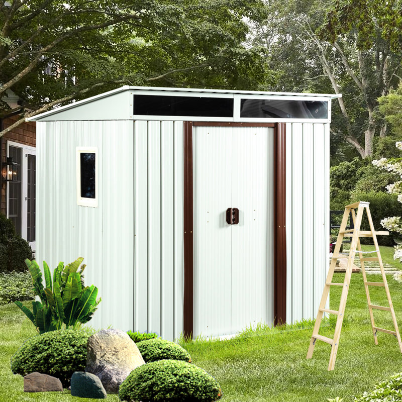 6Ft X 5Ft Outdoor Metal Storage Shed - White, Galvanized Iron Frame With Foundation, Steel, Sliding Doors Lock, Transparent Panel For Better Visibility, Easy Assembly Manual White Structure
