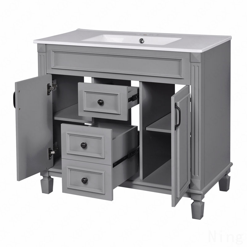 Meuble-lavabo 36 po avec lavabo supérieur, armoire de rangement moderne, 2 portes à fermeture douce + 2 tiroirs, lavabo simple